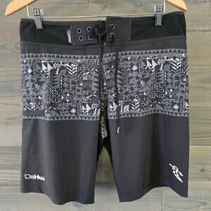 DaHui Board Shorts Mens 33 Black Geometric Surf Swim Trunks Stretch Quick Dry